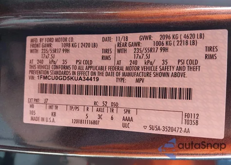 2019 Ford Escape Se z USA, uszkodzony, nr VIN 1FMCU0GD5KUA34419